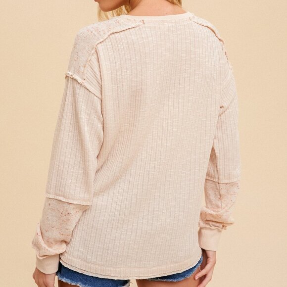 HEM & THREAD Henley Long Sleeve Ribbed Top, Neutral Beige Waffle Knit Pullover - Picture 4 of 5